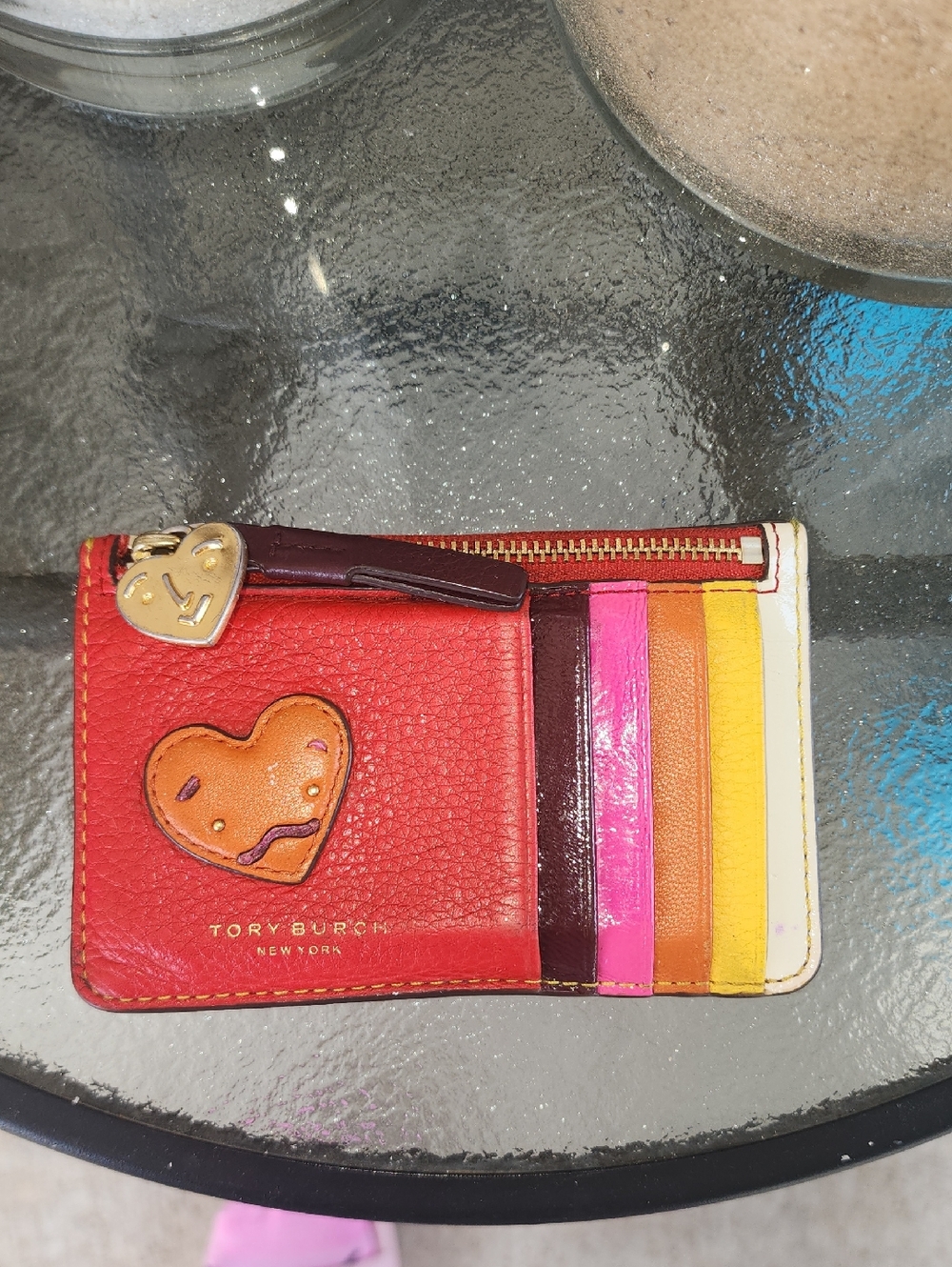 Tory Burch Red Multi Colorblock Leather Card Holder with Heart Charm